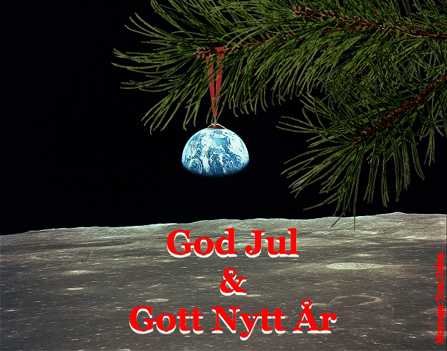 Julhälsning med en animerad bild där jorden ser ut som en julkula