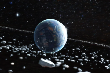 En visualisering av jorden med en ring bestående av stenar som svävar runt planeten.