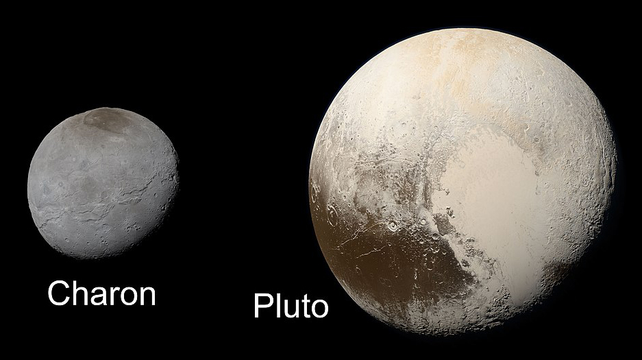 En planet och dess måne bredvid varandra. Månen är hälften så stor som planeten.