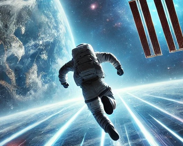 AI-generated image of an astronaut running on light beams in space