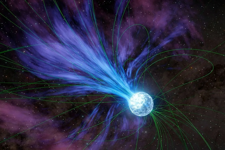 Illustration av en magnetar som får ett utbrott med material som strömmar ut från den.