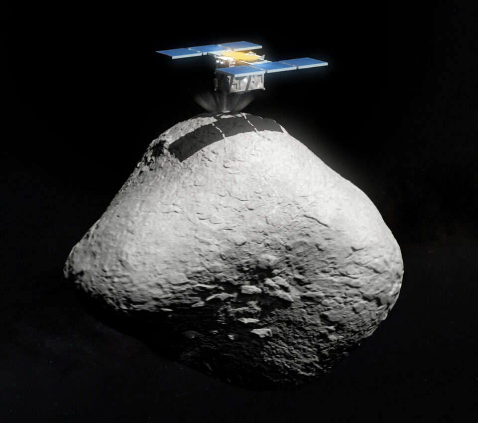 Hayabusa2 touching down on asteroid 1998 KY26. An artist's impression of Japan’s Hayabusa2 space mission touching down on the surface of the asteroid 1998 KY26.