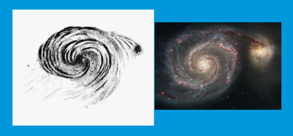 M51 sketch and photo montage_public domain and Tom Callen