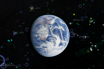 Bilden visar en rymdvisualiseringsmjukvara med jorden i centrum och olika typer av astronomiska mätningar och data i bakgrunden.
