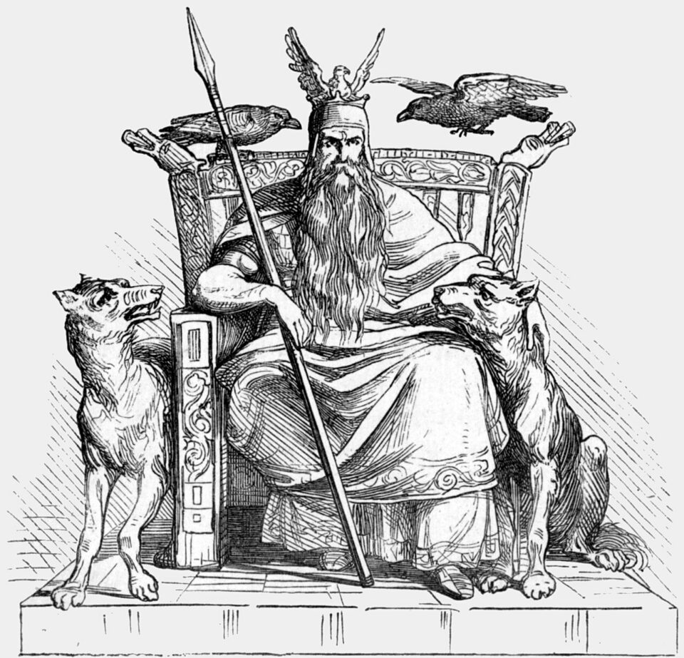 Odin_his wolves and his ravens_public domain En svartvit linjeteckning av en skäggig man i bevingad hjälm som sitter på en tron och håller i ett spjut, flankerad av två vargar och två korpar.