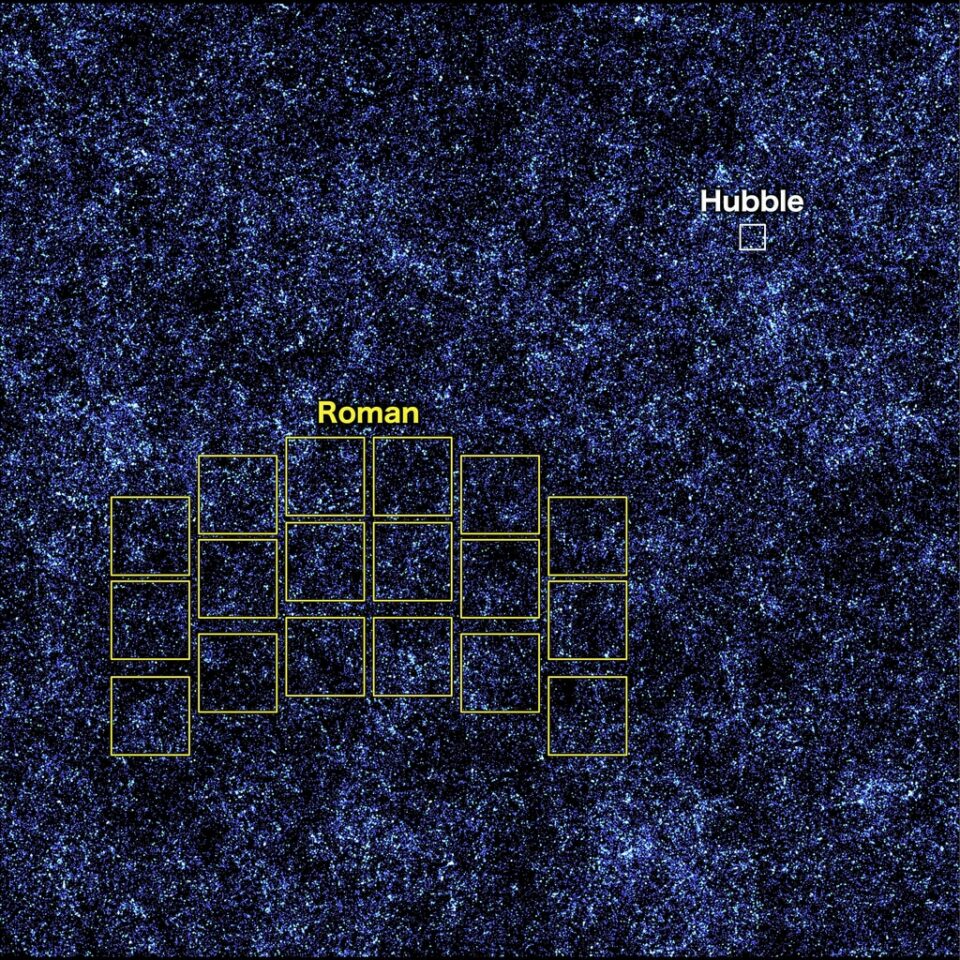 Yung_Survey_Roman-Hubble_Scale_Final_Half_print_NASA Goddard Space FLight Center_A-Yung En detaljerad bild från Hubbleteleskopet som visar ett färgsprakande område av universum med ett stort antal stjärnor och galaxer.