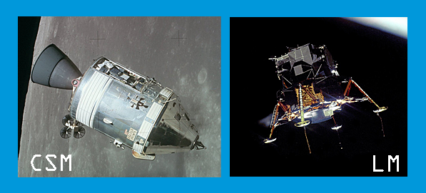 Apollo CSM and LM_NASA_Tom Callen En jämförelse sida vid sida som visar Apollo-kommando- och servicemodulen i omloppsbana runt månen, samt månlandaren som flyger i den djupa rymden.