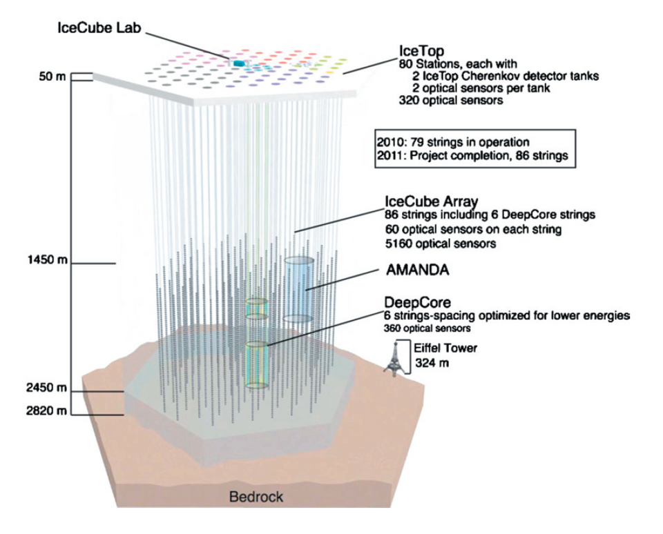 Icecube-architecture-diagram2009_IceCube Science Team - Francis Halzen, Department of Physics, University of Wisconsin Ett diagram som visar IceCube Neutrino Observatoriet, inklusive ytanläggningen IceTop, sensorkedjor djupt under marken och Eiffeltornet som storleksreferens.