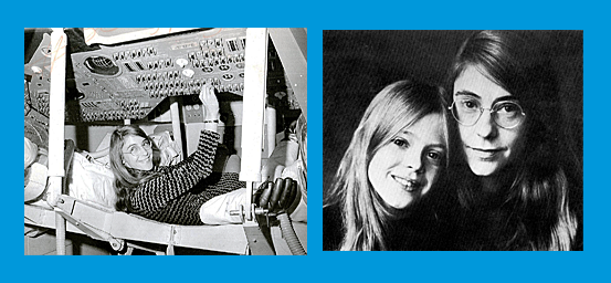 Margaret and Lauren Hamilton_prublic domain_Tom Callen En delad svartvit bild som till vänster visar en kvinna i en mönstrad tröja som hanterar en komplex kontrollpanel, och till höger ett porträtt av två personer, varav en äldre kvinna med glasögon och yngre en flicka.